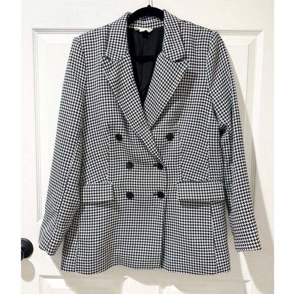 Marled Black White Houndstooth Blazer Double Breasted Pockets Career Classic M - Picture 1 of 12